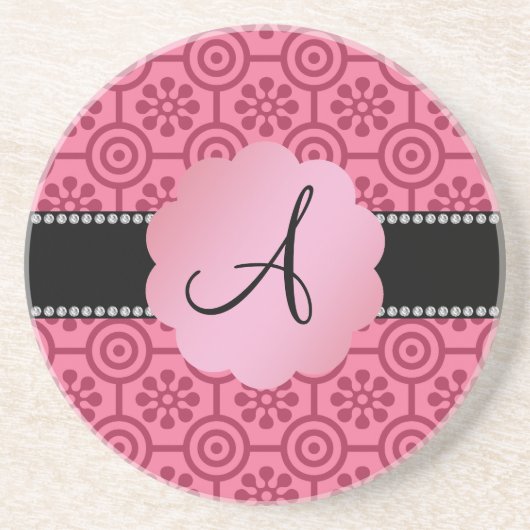 Retro rosa Blumen und Kreise des Monogramms Sandstein Untersetzer (Vorne)
