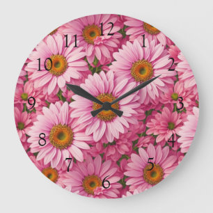 Retro rosa Blumenmuster mit Gänseblümchen Große Wanduhr