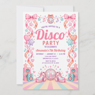Retro-Rosa Disco-Party-Mädchen-Schleife Geburtstag Einladung