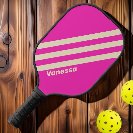 Retro Rosa Drei Streifen mit Namen Pickleball Schläger