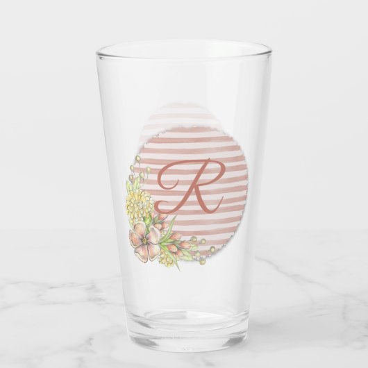 Retro Rosa Floral Stripe Design Monogramm trinken Glas (Rückseite)