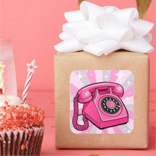 Retro-Rosa-Funkeln-Wählscheiben-Telefon Quadratischer Aufkleber