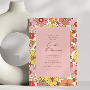 Retro Rosa Gelbe Blumige Groovy Moderne Babyparty Einladung