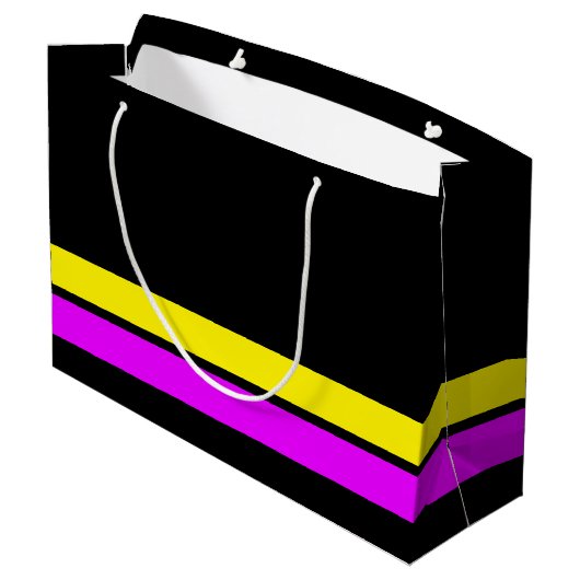 Retro rosa gelbe untere Streifen auf schwarzen Str Große Geschenktüte (Rückseite Schrägansicht)