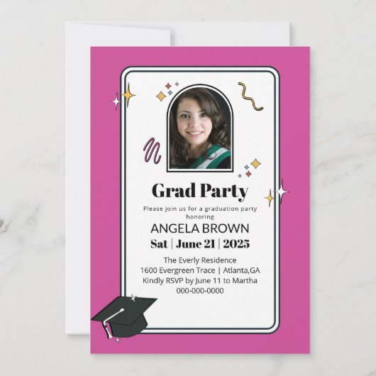 Retro rosa gezackter Abschluss einladen Ankündigung (Rückseite)