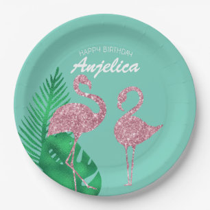 Retro Rosa Glitter Flamingo und Palmwedel Pappteller