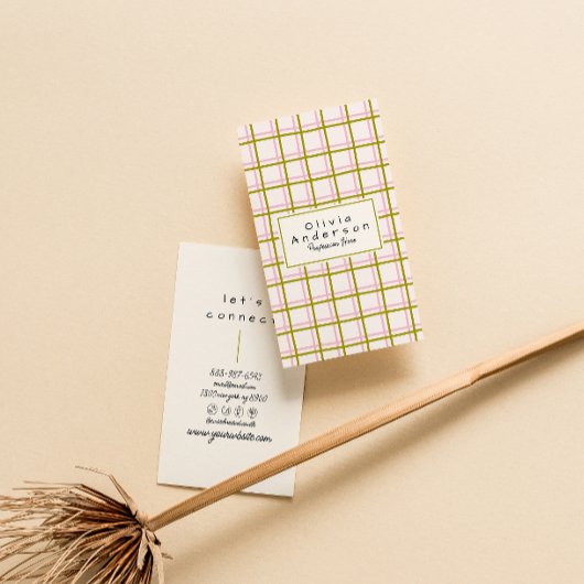 Retro Rosa grüne karierte Streifen Trendy Boho Visitenkarte