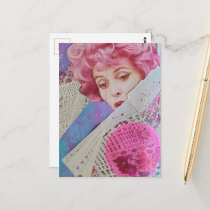 Retro-Rosa-Haarfrau Mixed Media Collage Postkarte