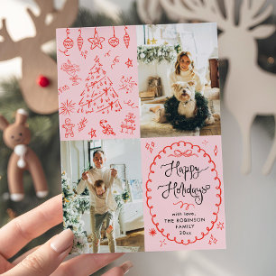Retro Rosa Hand Drawn Happy Holidays 2 Foto Feiertagskarte