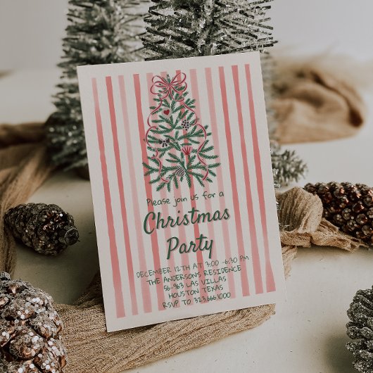 Retro Rosa Hand Drawn Weihnachtsbaum Party Einladung