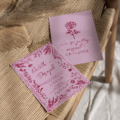 Retro-Rosa-Himbeer-Gezeichneter-Blumengarten-Hochz Einladung