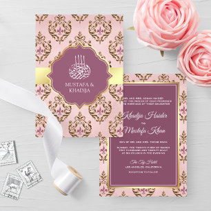 Retro-Rosa Lila Gold Damast Muslimische Hochzeit Einladung