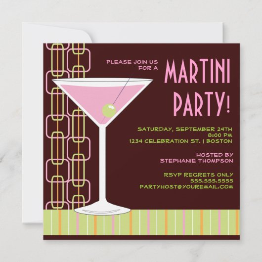 Retro rosa Martini-Cocktail-Party Einladung (Vorderseite)