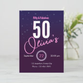 Retro Rosa Neon Fünfzig & Fantastischer Geburtstag Einladung (Stehend Vorderseite)