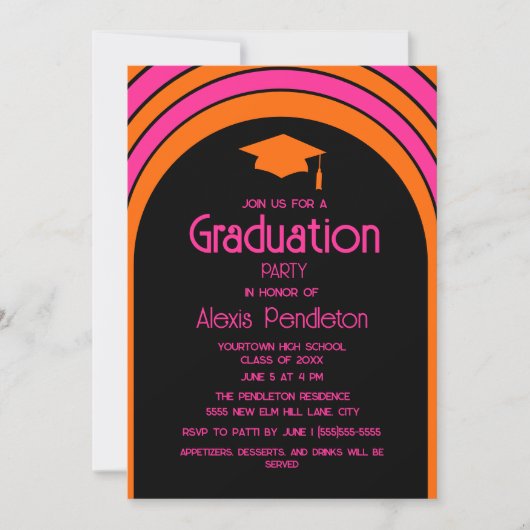 Retro Rosa Orange Arch High School Graduation Cap Einladung (Vorderseite)