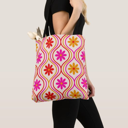 Retro Rosa Orange Blume auf Ogee Muster Tasche (Von Nahem)