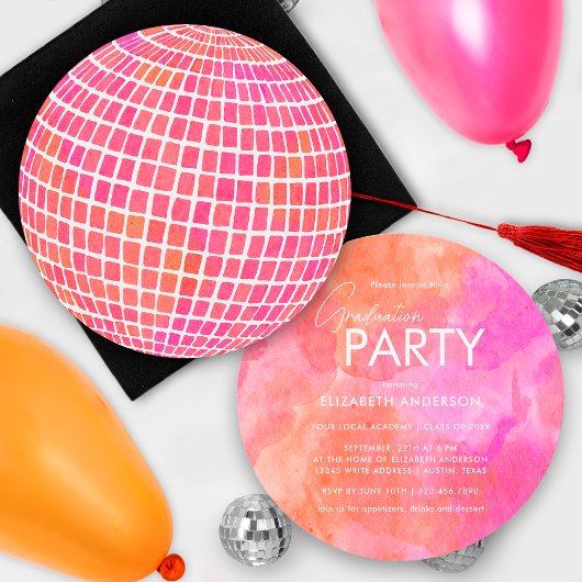 Retro Rosa Orange Disco Ball Graduation Party Einladung