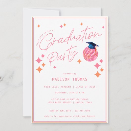 Retro Rosa Orange Disco Ball Graduation Party Einladung (Rückseite)