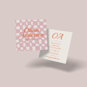 Retro Rosa Orange Hand gezogenes kariertes Groovy  Quadratische Visitenkarte