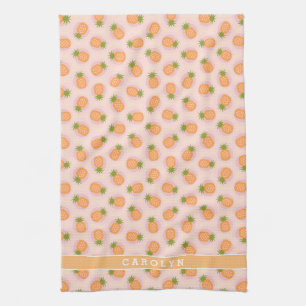 Retro rosa orangefarbene Ananasmuster Monogramm Küchentuch