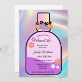 Retro Rosa Parfüm Flasche süß 16 holografisch Einladung (Vorne/Hinten)