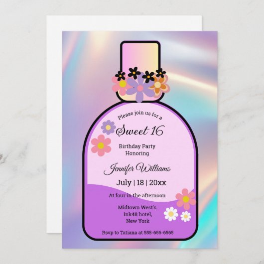 Retro Rosa Parfüm Flasche süß 16 holografisch Einladung (Vorne/Hinten)