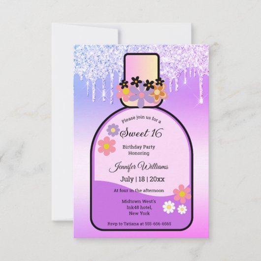 Retro-Rosa Parfüm süße 16 tropfende Glitzer Einladung (Vorderseite)