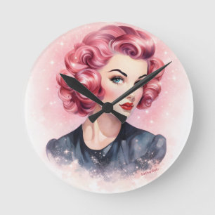 Retro-Rosa Pin-Up Glamour Mädchen Runde Wanduhr