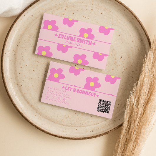 Retro-Rosa-QR-Code Groovy Floral Boho Mädchenhaft  Visitenkarte