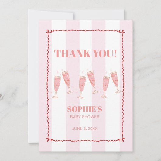 Retro Rosa Red Border Brunch & Bubbly Babydusche Dankeskarte (Vorderseite)