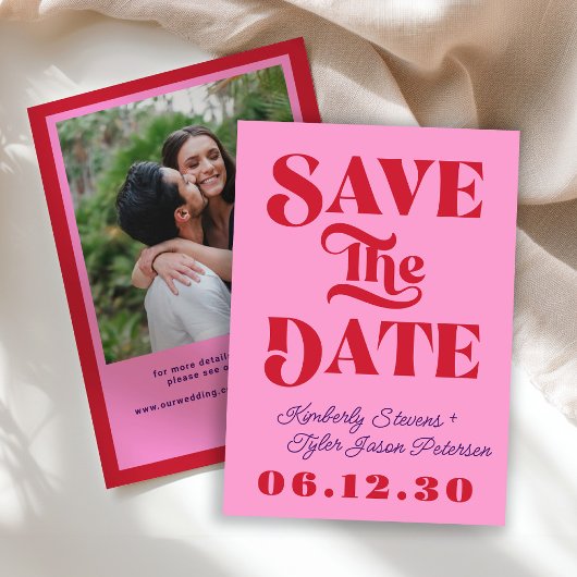 Retro-Rosa-Rot-Hochzeit Save The Date