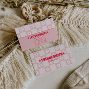 Retro Rosa Rot Kariert Groovy Floral Boho Trendig Visitenkarte