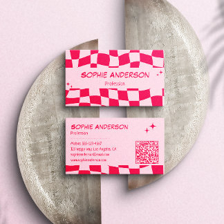 Retro Rosa & Rot Karo QR Code Visitenkarte
