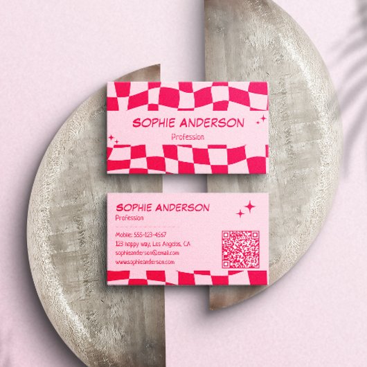 Retro Rosa & Rot Karo QR Code Visitenkarte