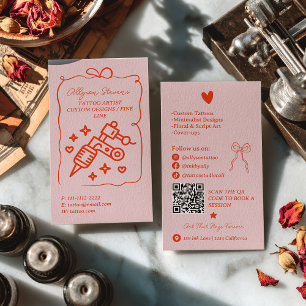 Retro Rosa Rote Doodles Tattoo-Künstler QR-Code Visitenkarte