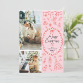 Retro Rosa Rote Hand Drawn Frohe Weihnachten 2 Fot (Stehend Vorderseite)