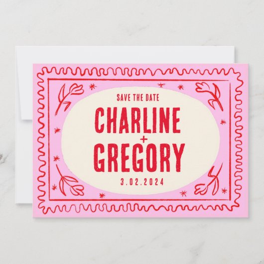 Retro Rosa rote Handschrift Hochzeit speichern das Einladung (Vorderseite)