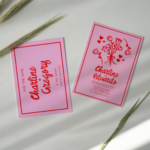 Retro Rosa rote Handschrift Hochzeit speichern das Einladung