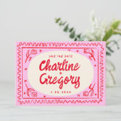 Retro Rosa rote Handschrift Hochzeit speichern das Einladung (Stehend Vorderseite)