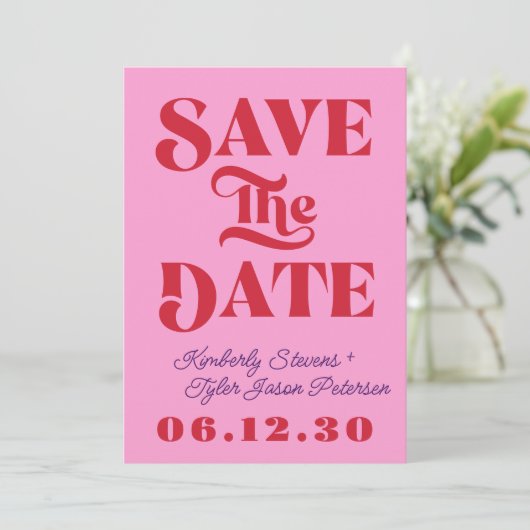 Retro rosa rote Hochzeit Save The Date (Stehend Vorderseite)