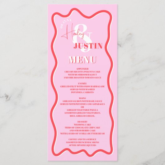 Retro rosa rote Kurve quiggle Wavy Hochzeit Menükarte (Vorderseite)