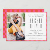 Retro Rosa rotes Karton Bat Mitzvah Foto Einladung (Vorne/Hinten)