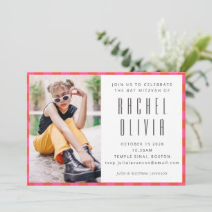 Retro Rosa rotes Karton Bat Mitzvah Foto Einladung