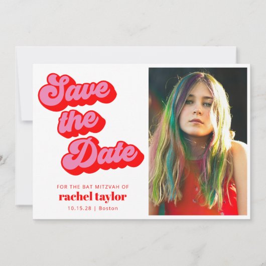 Retro Rosa rotes Karton Bat Mitzvah Foto Save The Date (Vorderseite)