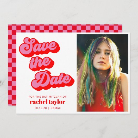 Retro Rosa rotes Karton Bat Mitzvah Foto Save The Date (Vorne/Hinten)