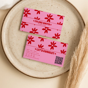 Retro Rosa Rotes QR-Code Groovy Floral Weiblich Tr Visitenkarte