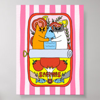 Retro-Rosa-Sardinen-Katzen-Illustration Küche Poster