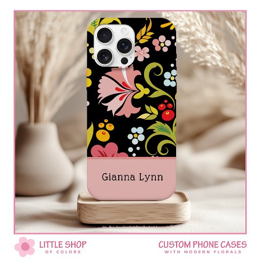 Retro Rosa Schwarzes Blumenmonogramm Case-Mate iPhone Hülle