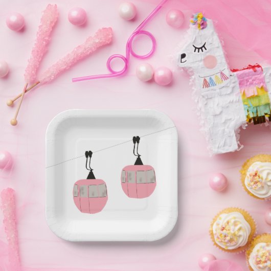 Retro Rosa Skilift Skilift Skifahrer Pappteller (Party)