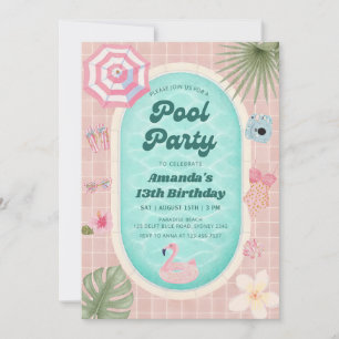 Retro-Rosa-Sommer-Poolparty-Geburtstagseinladung Einladung